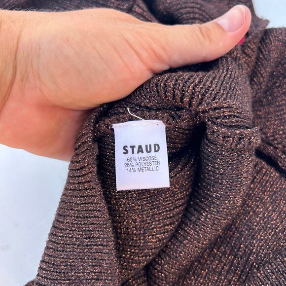 STAUD Cerro Knit Metallic Top Bustier Long Sleeve Bronze Small Cropped Shirt - Picture 7 of 8